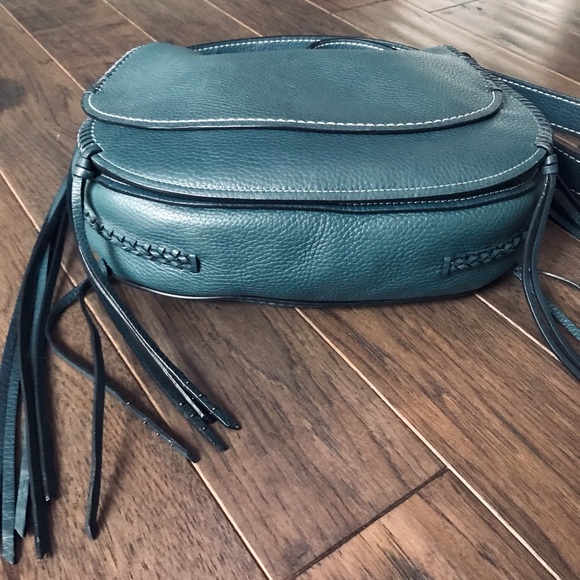 Coach 1941 Whiplash Stitch Studded Fringe Leather Saddle Crossbody Bag, Teal - Picture 7 of 16